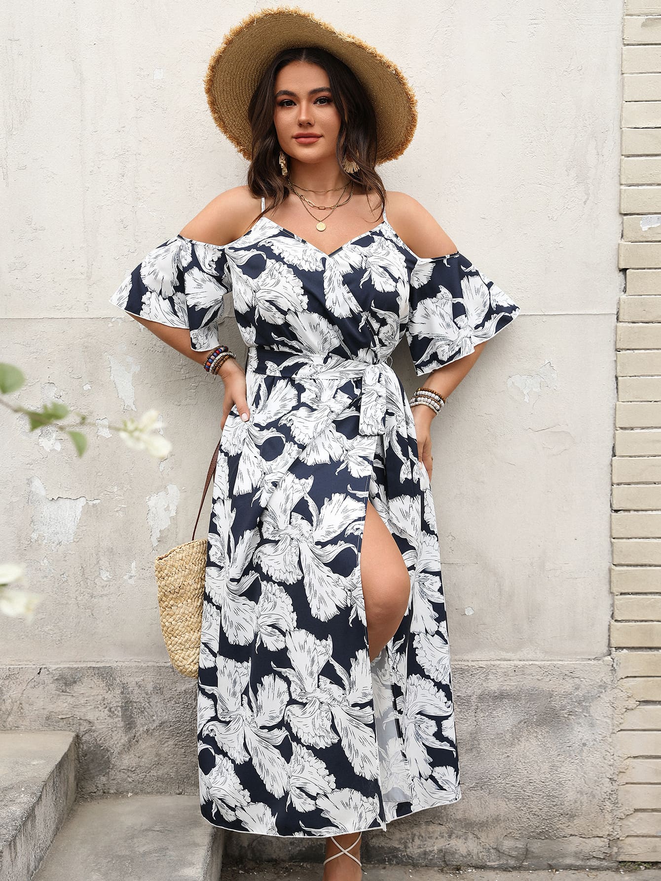 Chic Plus Size Cold Shoulder Floral Maxi Dress with Tie Waist