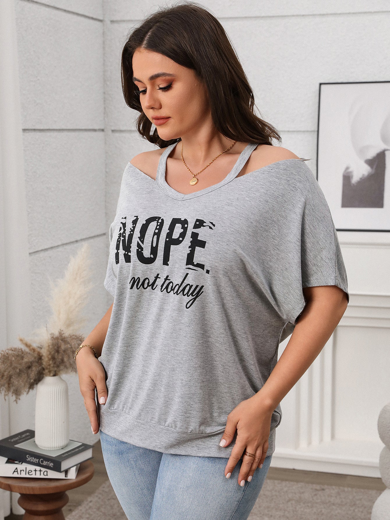 Relaxed Fit Graphic Cold Shoulder Top - "Nope Not Today" - Available in 3 Colors