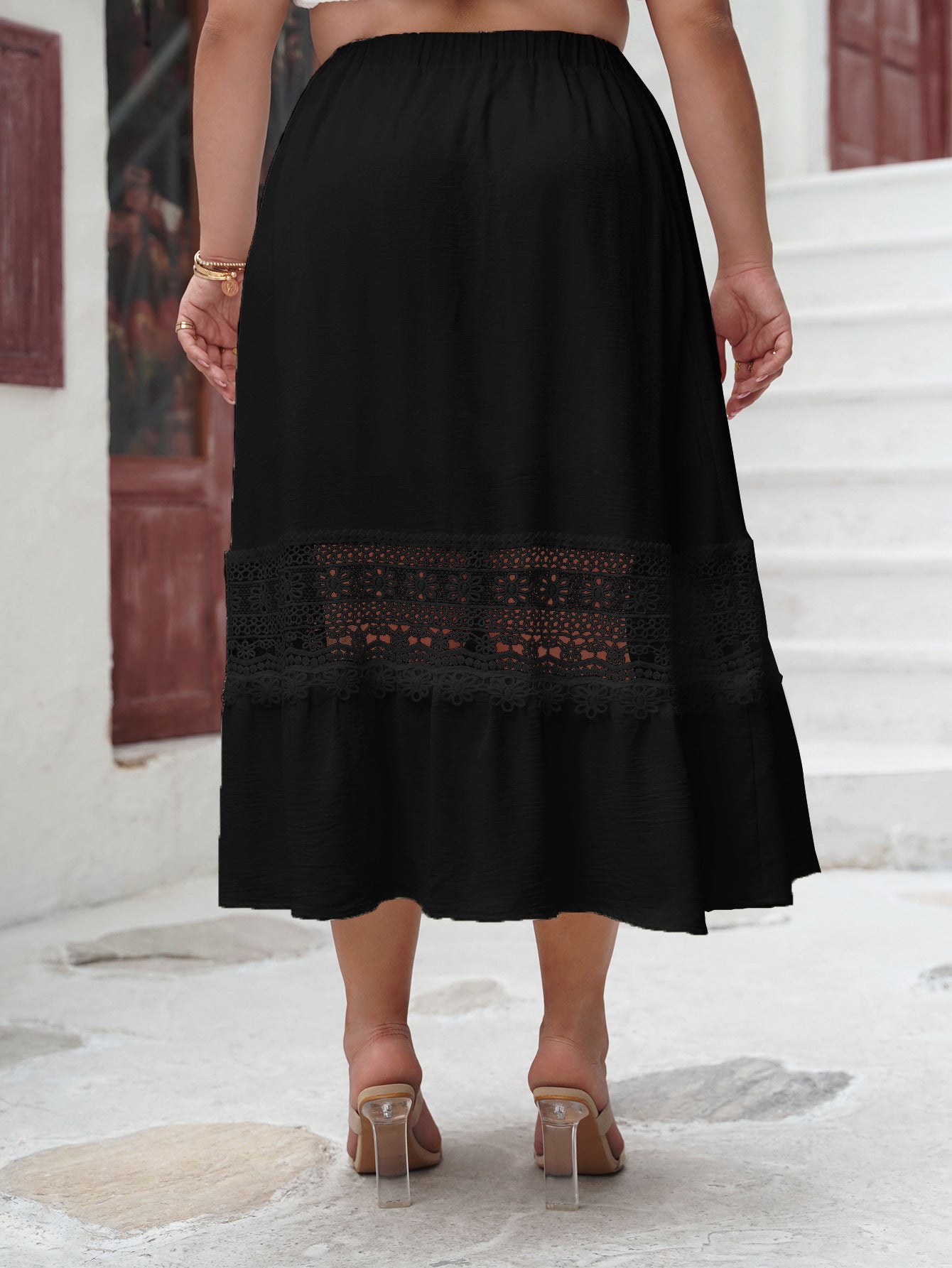 Elegant Midi Skirt with Delicate Lace Hem & Elastic Waist