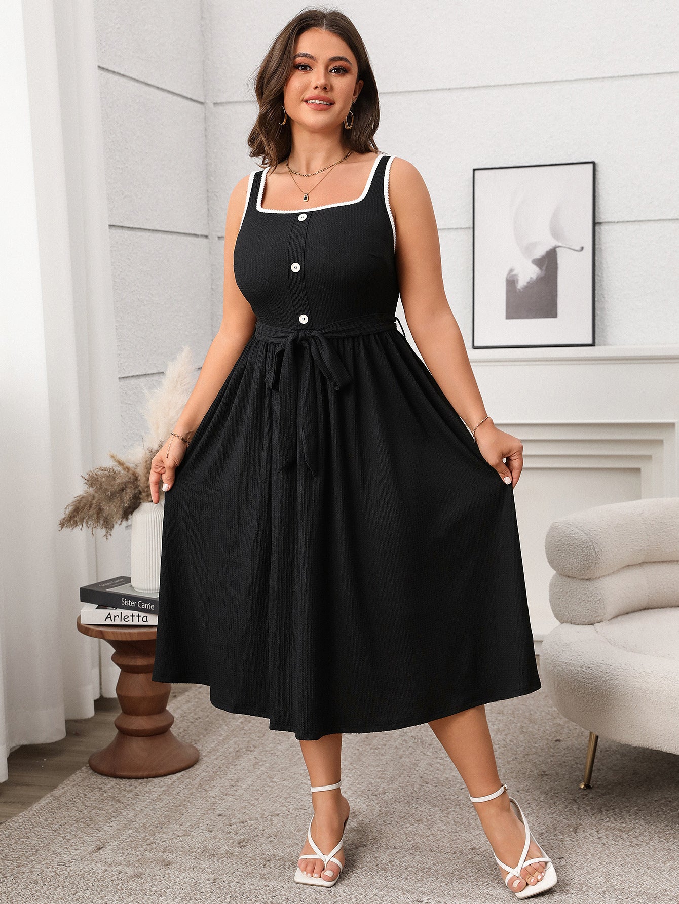 Plus Size Soft & Comfortable Button-Front Midi Dress with Tie Waist - Available in 2 Colors
