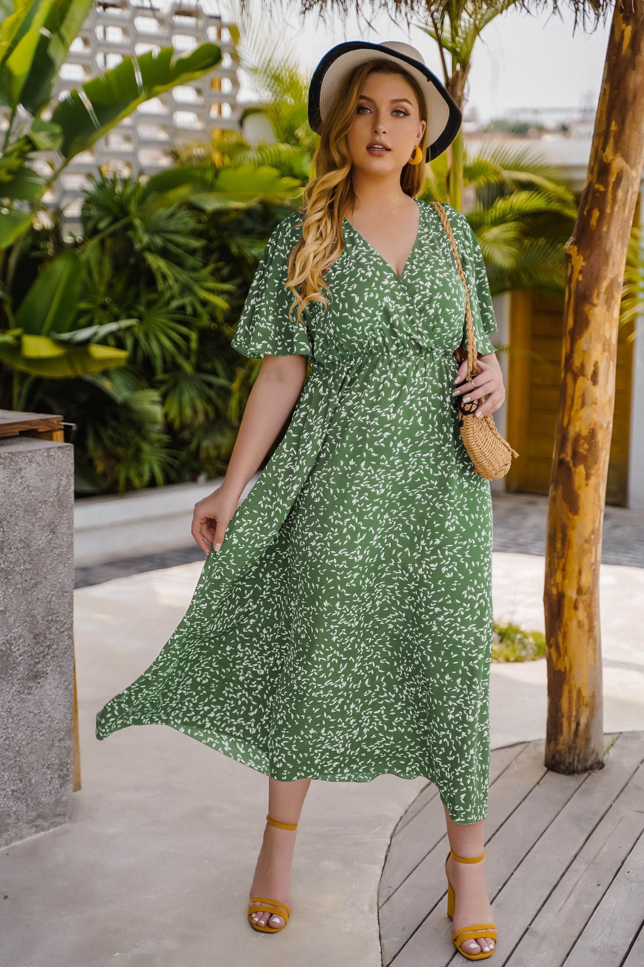 Effortless V-Neck Wrap Style Midi Dress with Designer Print - Leisure & Comfort