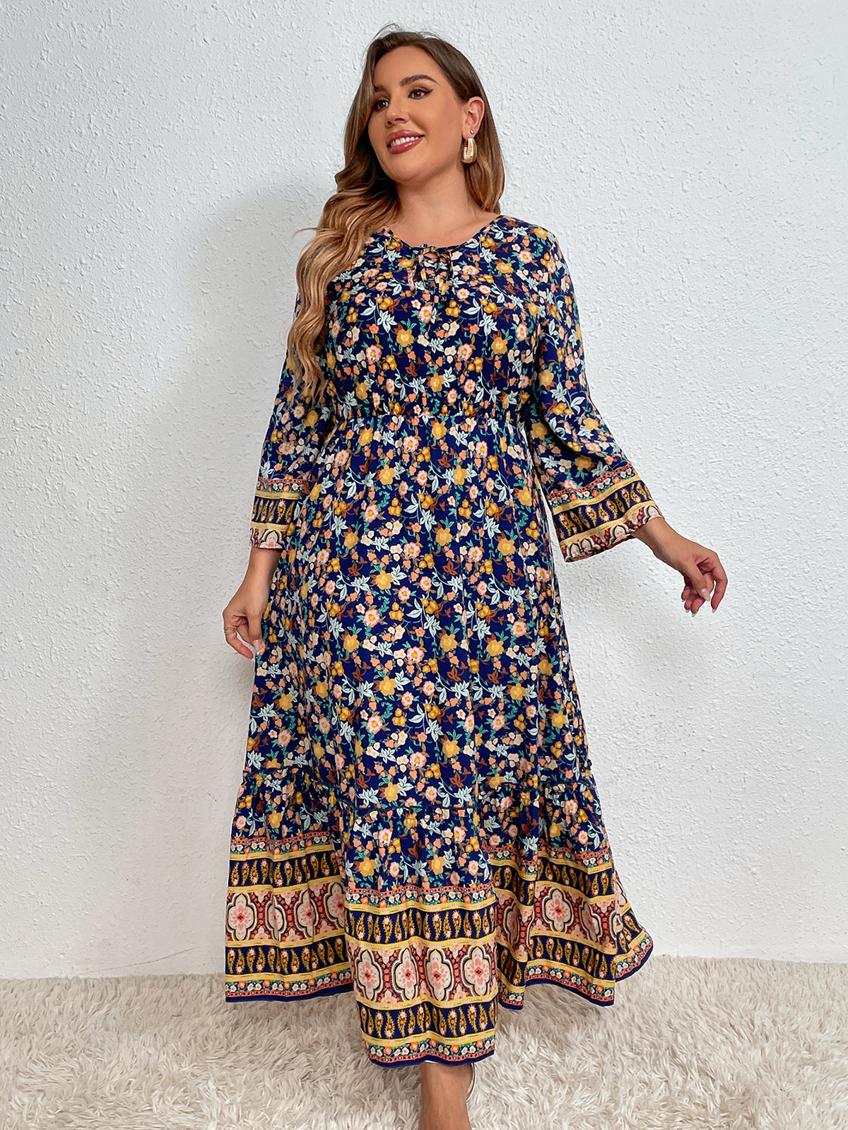 Boho Chic Floral Print Long Sleeve Maxi Dress with Border Print