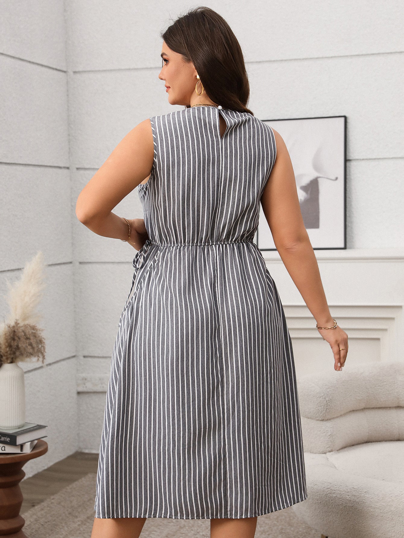 Plus Size Striped Sleeveless Midi Dress with Pockets - Soft & Comfortable in 2 Colors