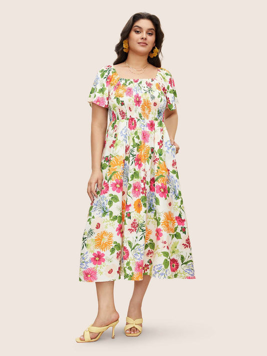 Vibrant Floral Smocked Midi Dress with Puff Sleeves and Pockets