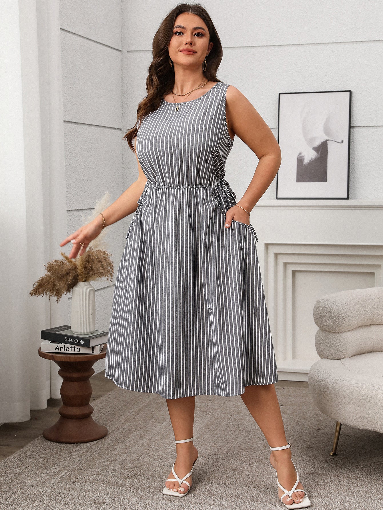 Plus Size Striped Sleeveless Midi Dress with Pockets - Soft & Comfortable in 2 Colors
