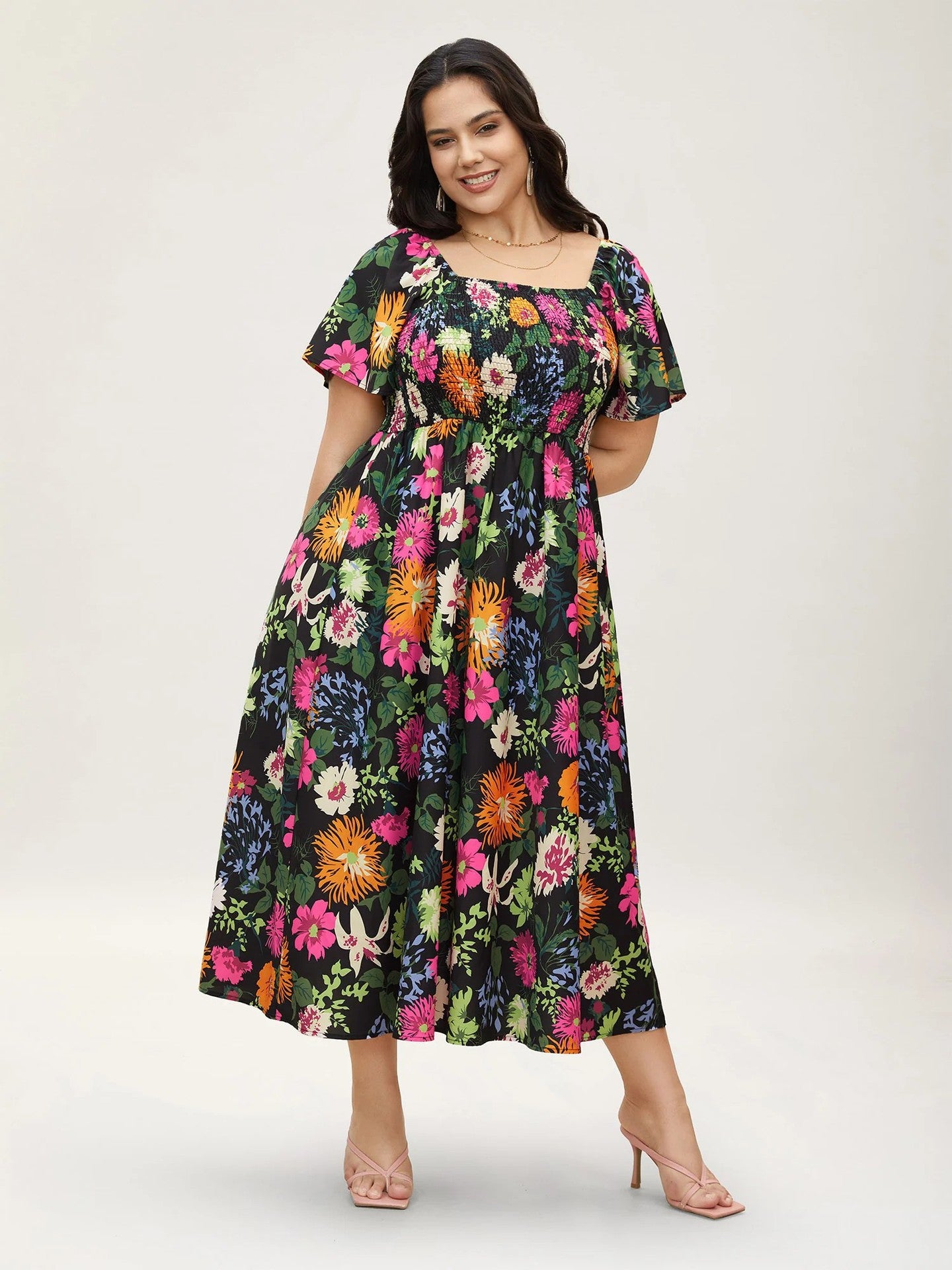 Vibrant Floral Smocked Midi Dress with Puff Sleeves and Pockets