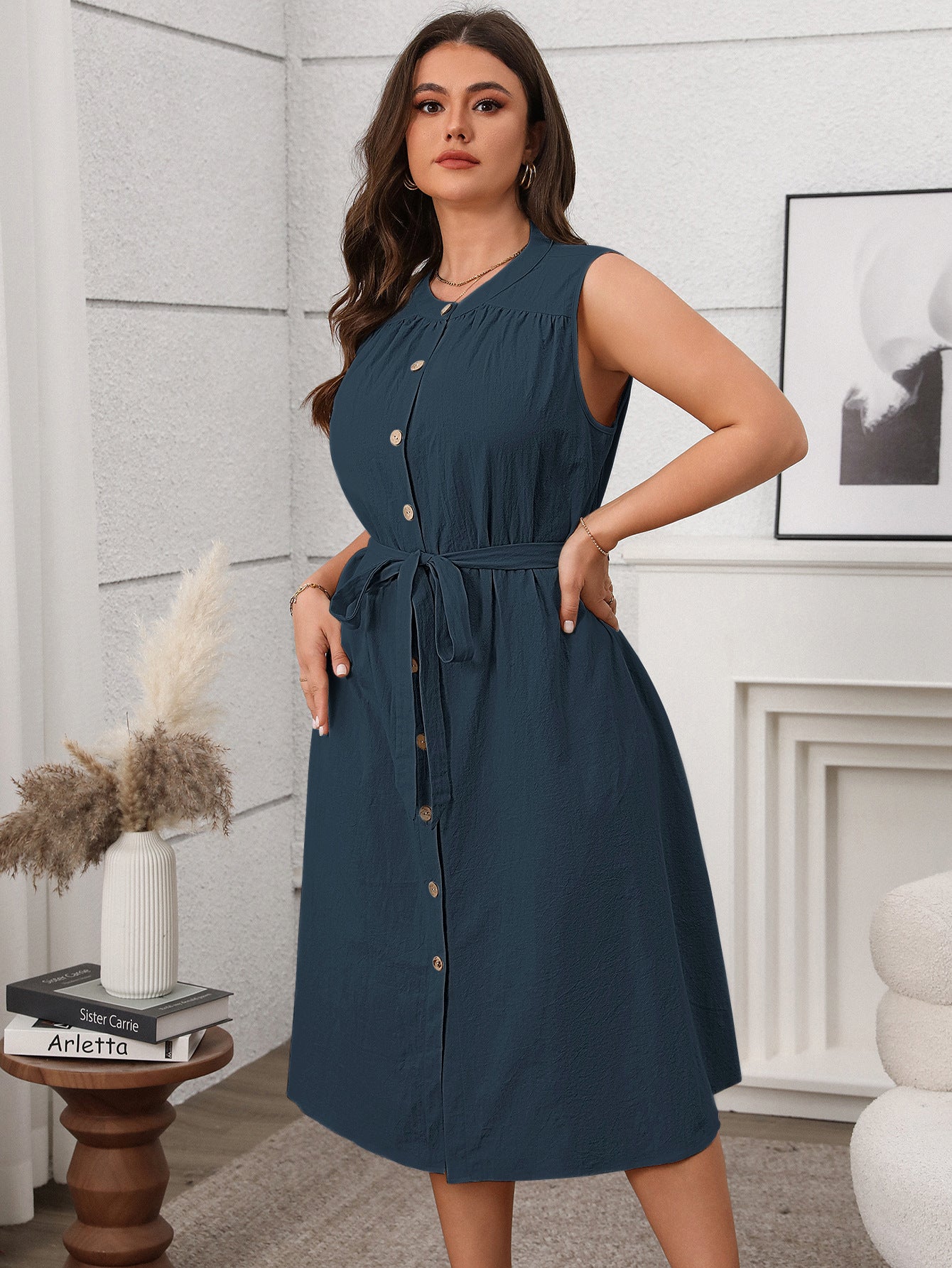 Effortless Plus Size Sleeveless Button-Front Midi Dress with Tie Waist