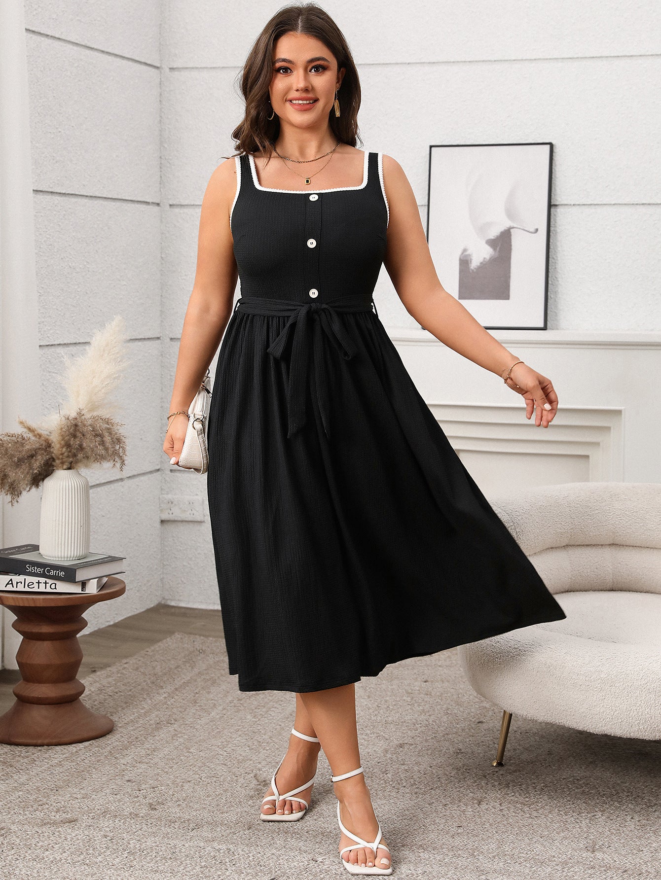 Plus Size Soft & Comfortable Button-Front Midi Dress with Tie Waist - Available in 2 Colors