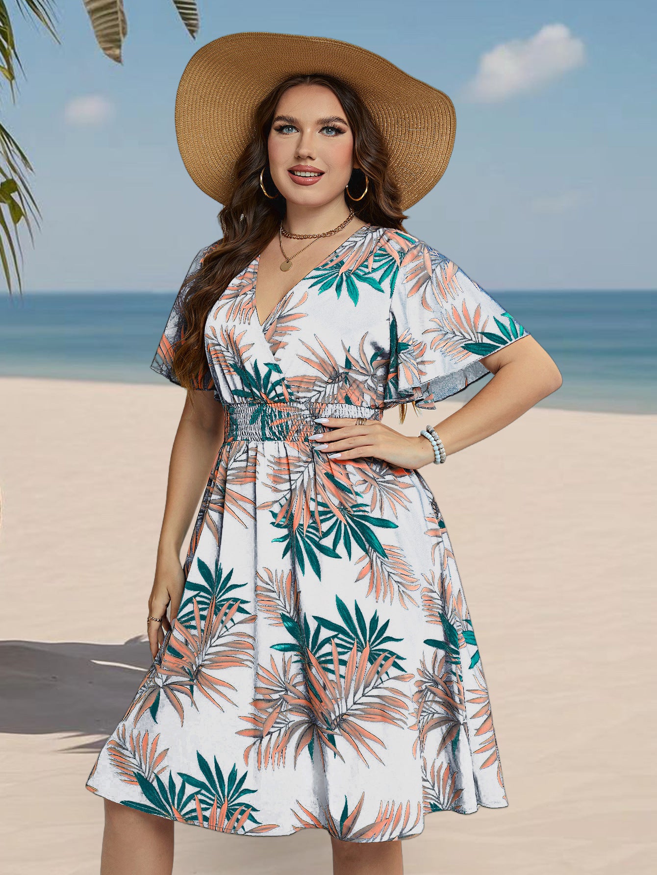 Tropical V-Neck A-Line Summer Dress with Leaf Print
