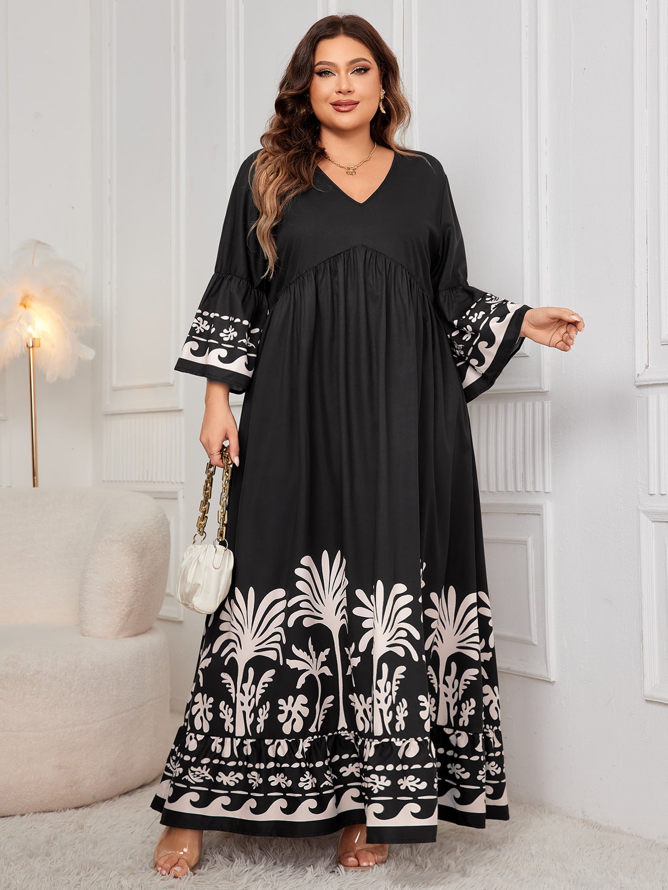 Plus Size Bohemian Maxi Dress with Bell Sleeves and Tribal Print