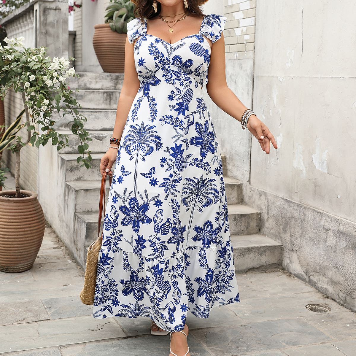 Romantic Blue Floral Print Maxi Dress with Ruffle Straps