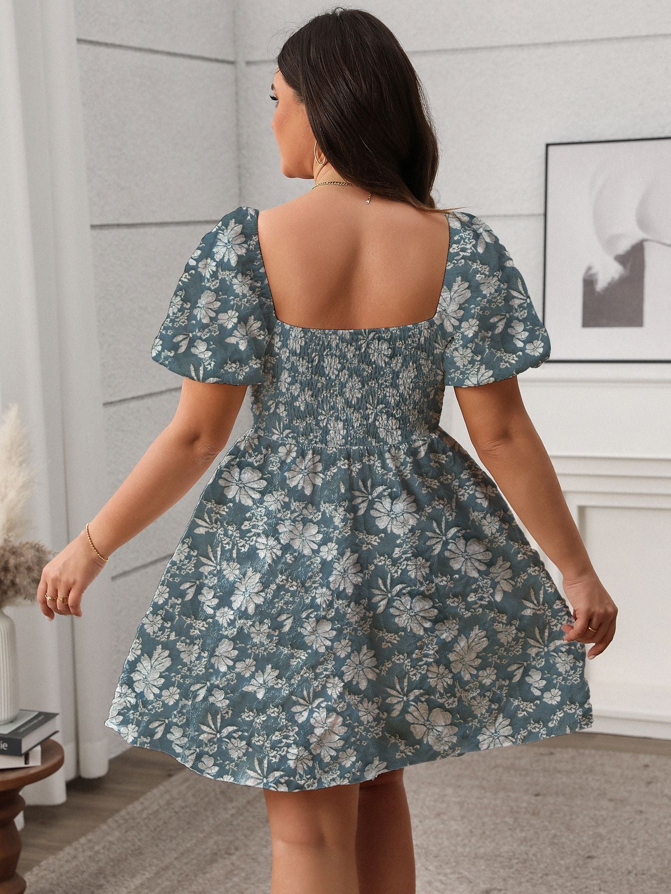 Plus Size White Puff Sleeve Mini Dress – Textured Floral Fabric, Sweetheart Neckline, Romantic Fit