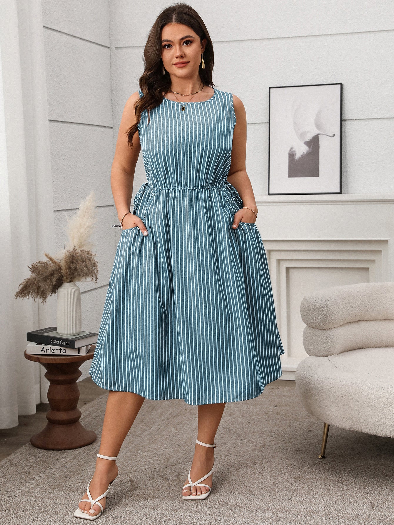 Plus Size Striped Sleeveless Midi Dress with Pockets - Soft & Comfortable in 2 Colors