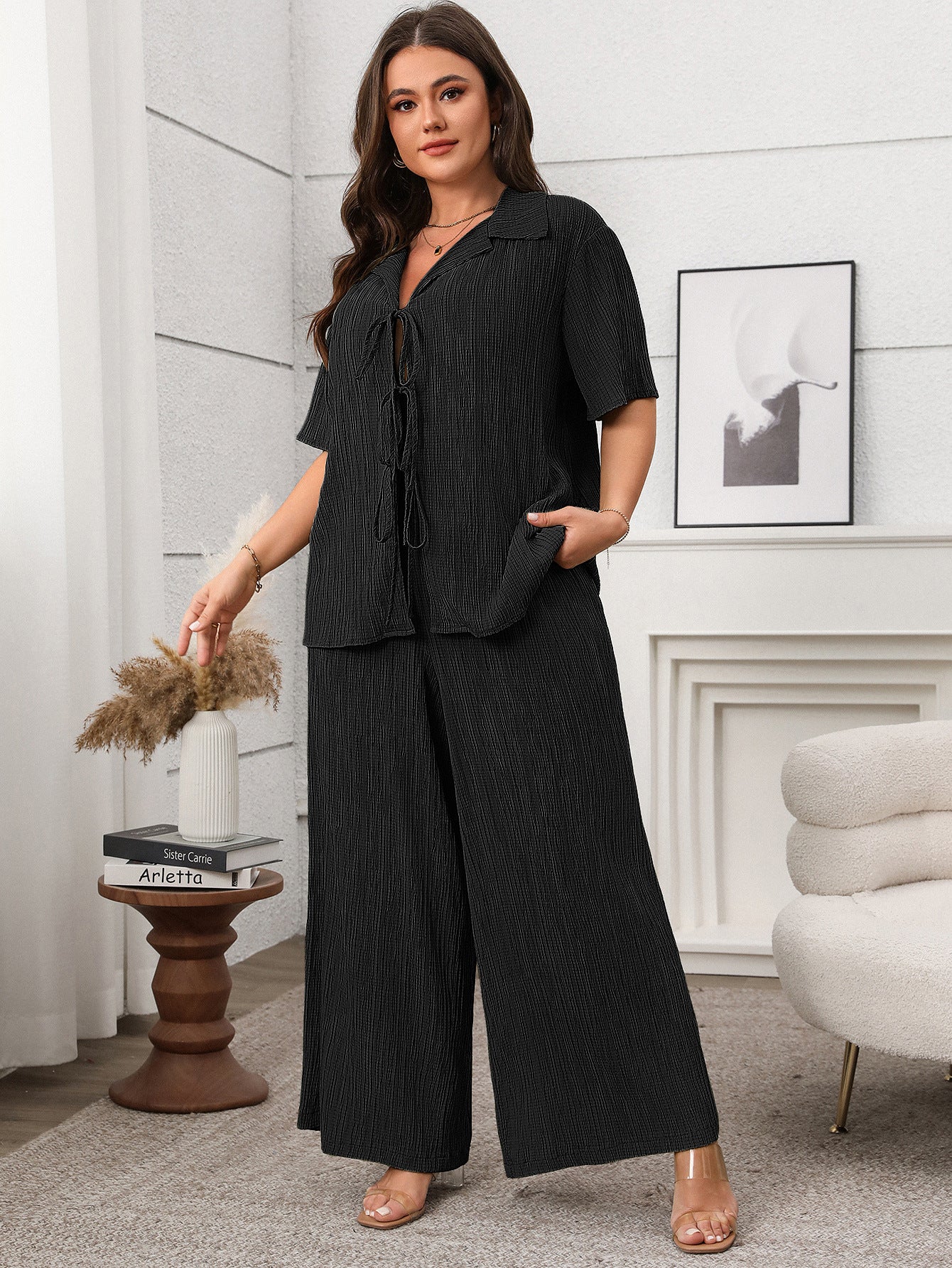 Soft & Comfortable Plus Size Pleated Two-Piece Set - Shirt & Wide-Leg Pants (2 Colors)