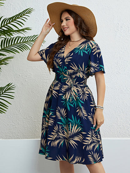 Tropical V-Neck A-Line Summer Dress with Leaf Print