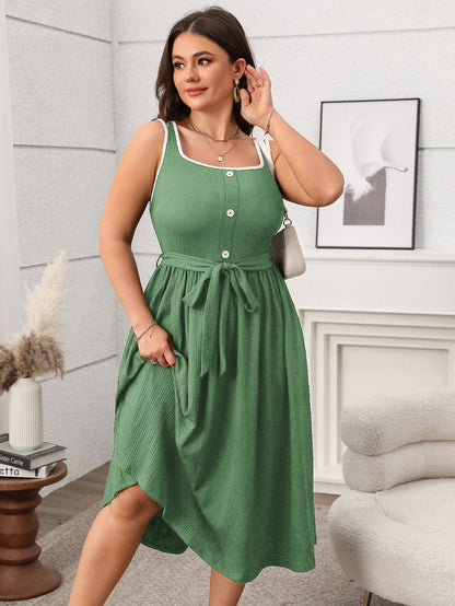 Plus Size Soft & Comfortable Button-Front Midi Dress with Tie Waist - Available in 2 Colors