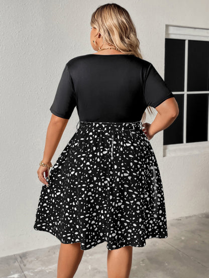 Plus Size V-Neck Mixed Print Mini Dress with Tie Waist - Available in 2 Colors