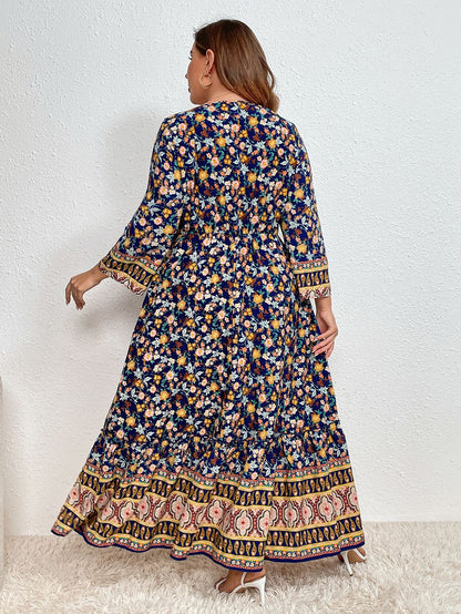 Boho Chic Floral Print Long Sleeve Maxi Dress with Border Print