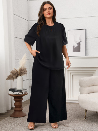 Effortless Black Two-Piece Top & Wide-Leg Pants Set - Comfortable & Chic