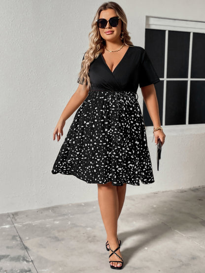 Plus Size V-Neck Mixed Print Mini Dress with Tie Waist - Available in 2 Colors