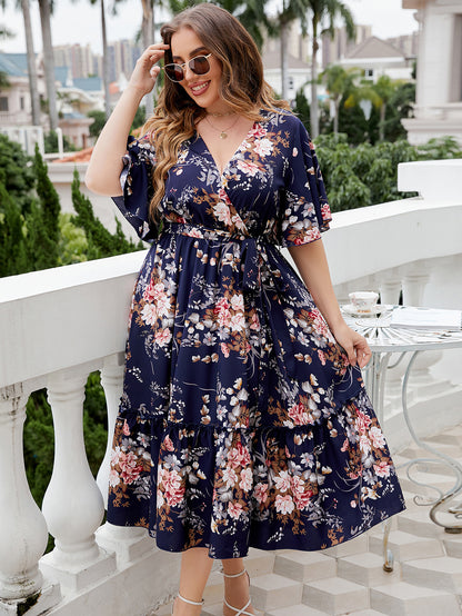 Plus Size Navy Floral Midi Dress – Elegant Wrap Style with Ruffle Hem and Waist Tie