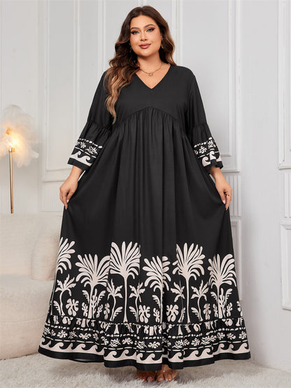 Plus Size Bohemian Maxi Dress with Bell Sleeves and Tribal Print