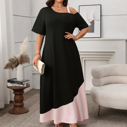 Asymmetrical Color-Block Maxi Dress with Cold Shoulder Detail