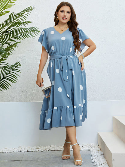 Charming Blue Polka Dot Midi Dress with Ruffle Hem & Tie Waist