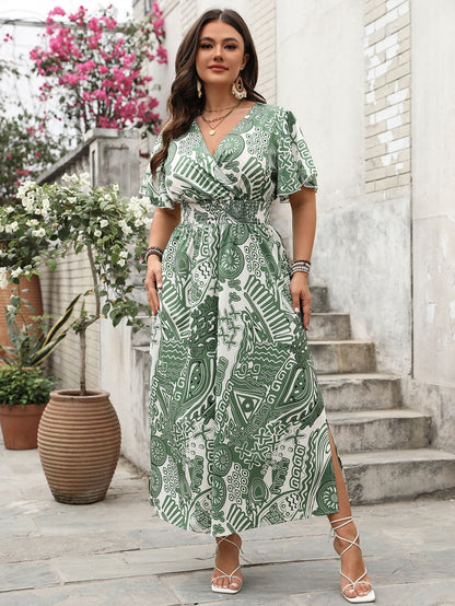 Boho Green Tribal Print V-Neck Maxi Dress with Elastic Waist