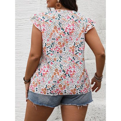 Sweet Floral Print V-Neck Blouse with Ruffle Sleeves - Summer Essential