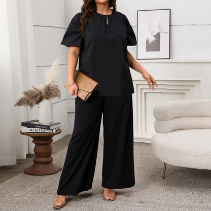 Effortless Black Two-Piece Top & Wide-Leg Pants Set - Comfortable & Chic