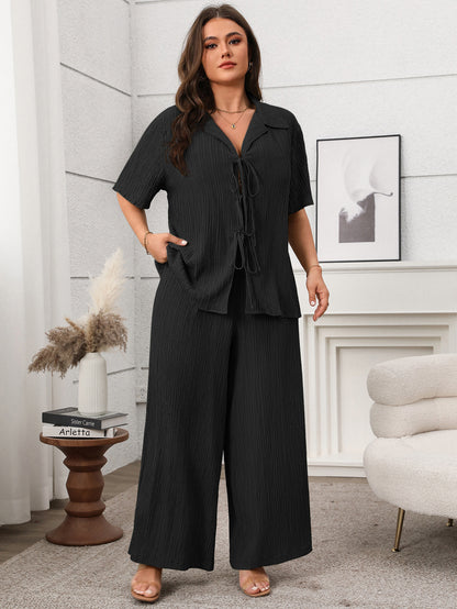 Soft & Comfortable Plus Size Pleated Two-Piece Set - Shirt & Wide-Leg Pants (2 Colors)