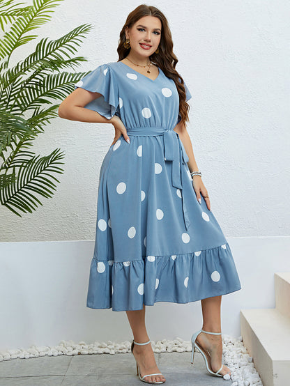 Charming Blue Polka Dot Midi Dress with Ruffle Hem & Tie Waist