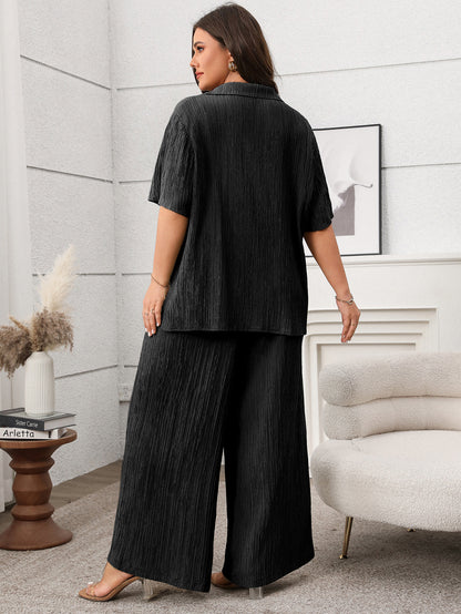 Soft & Comfortable Plus Size Pleated Two-Piece Set - Shirt & Wide-Leg Pants (2 Colors)