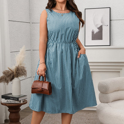 Plus Size Striped Sleeveless Midi Dress with Pockets - Soft & Comfortable in 2 Colors