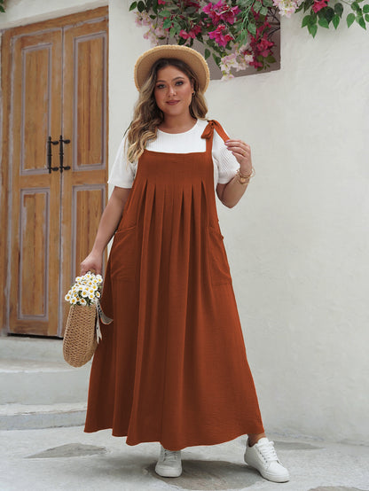 Charming Pleated Overall Maxi Dress with Tie Straps & Pockets