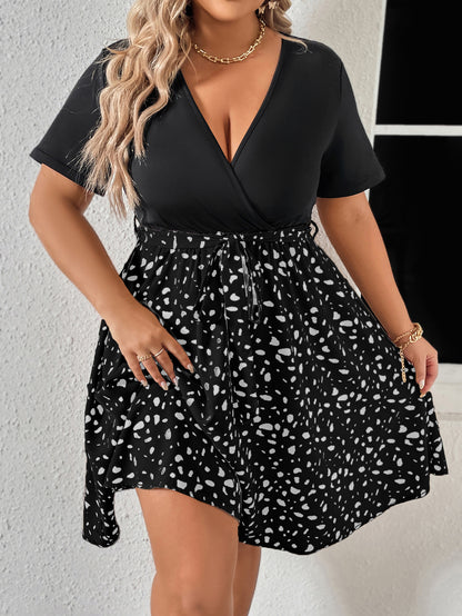 Plus Size V-Neck Mixed Print Mini Dress with Tie Waist - Available in 2 Colors