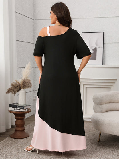 Asymmetrical Color-Block Maxi Dress with Cold Shoulder Detail