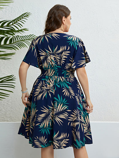 Tropical V-Neck A-Line Summer Dress with Leaf Print