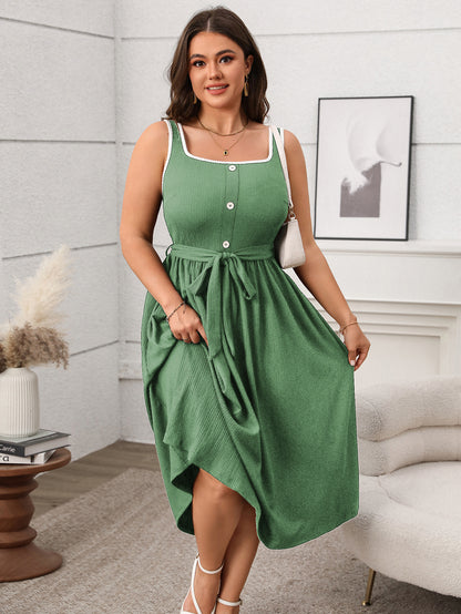 Plus Size Soft & Comfortable Button-Front Midi Dress with Tie Waist - Available in 2 Colors