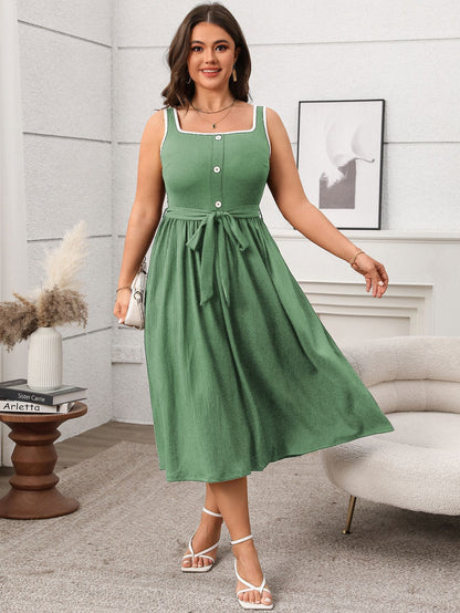 Plus Size Soft & Comfortable Button-Front Midi Dress with Tie Waist - Available in 2 Colors