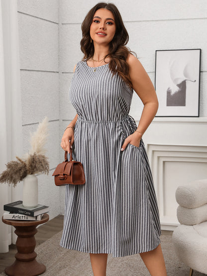 Plus Size Striped Sleeveless Midi Dress with Pockets - Soft & Comfortable in 2 Colors