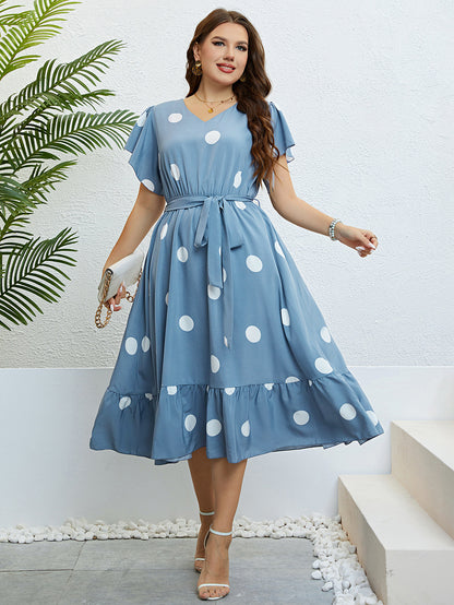 Charming Blue Polka Dot Midi Dress with Ruffle Hem & Tie Waist