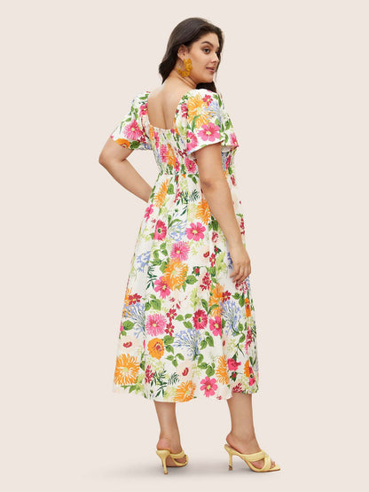 Vibrant Floral Smocked Midi Dress with Puff Sleeves and Pockets