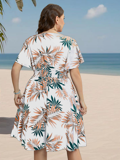 Tropical V-Neck A-Line Summer Dress with Leaf Print