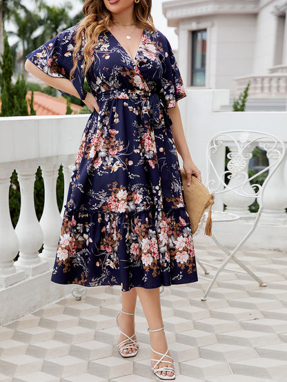 Plus Size Navy Floral Midi Dress – Elegant Wrap Style with Ruffle Hem and Waist Tie