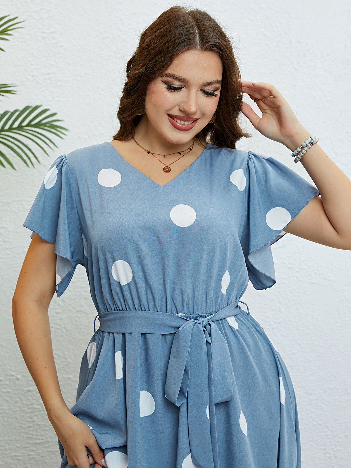 Charming Blue Polka Dot Midi Dress with Ruffle Hem & Tie Waist