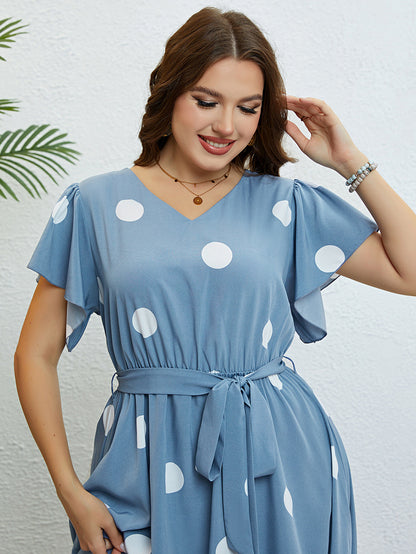 Charming Blue Polka Dot Midi Dress with Ruffle Hem & Tie Waist