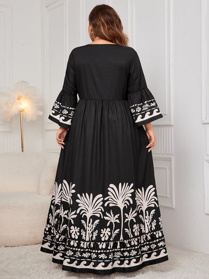 Plus Size Bohemian Maxi Dress with Bell Sleeves and Tribal Print