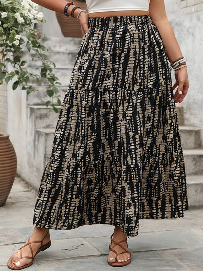 Soft & Comfortable Abstract Print Tiered Maxi Skirt with Elastic Waist